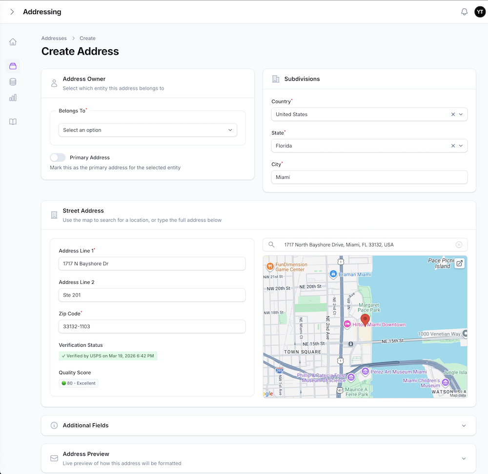 The Create Address form in autocomplete mode